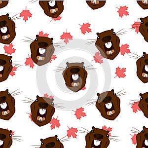 Seamless pattern with the image of the head of a beaver on the background of maple leaves