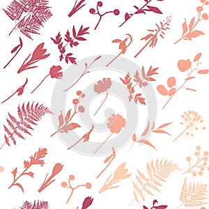 Seamless pattern with image of a many kind herbs silhouette gradient.