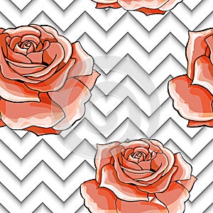 Seamless pattern with image pink rose flowers on a geometric background