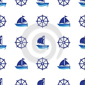 Seamless pattern with the image of yachts, anchor, steering wheel. Can be used for paper, background, texture, wallpaper