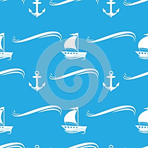 Seamless pattern with the image of yachts, anchor, steering wheel. Can be used for paper, background, texture, wallpaper