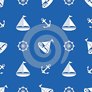 Seamless pattern with the image of yachts, anchor, steering wheel. Can be used for paper, background, texture, wallpaper