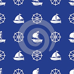 Seamless pattern with the image of yachts, anchor, steering wheel. Can be used for paper, background, texture, wallpaper