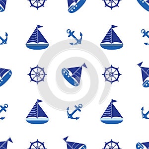 Seamless pattern with the image of yachts, anchor, steering wheel. Can be used for paper, background, texture, wallpaper