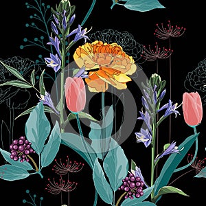 Seamless pattern with image of a yellow Tulip and many kind of flowers and herbs.