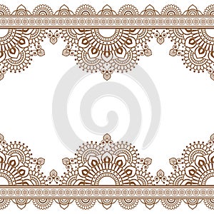 Seamless Pattern Indian Brown Henna mehndi border elements with flowers for card and tattoo on white background.
