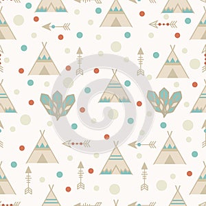 Seamless pattern indian woodland arrows and teepee, Tribal tent, aztec