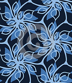 Seamless pattern indigo blue flower motif Japanese style. Hand drawn dyed floral damask textiles. Decorative art nouveaux home