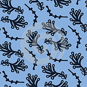 Seamless pattern indigo blue. Hand drawn abstract organic twig leaf shape background. Monochrome textured plant branch all over