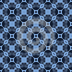 Seamless pattern indigo blue stylized mosaic floral leaf. Japanese navy quilt style home decor background. Trendy mosaic grid all