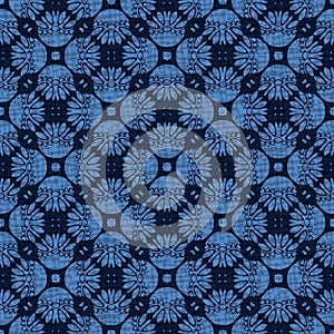 Seamless pattern indigo blue stylized mosaic floral leaf. Japanese navy quilt style home decor background. Trendy mosaic grid all