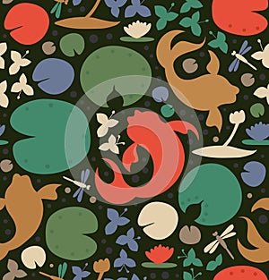 Seamless pattern with inhabitants of the pond.