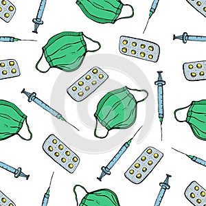 Seamless pattern of Injection, pills, and breathing medical respiratory mask to fight against the virus on a white