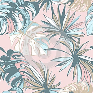 Seamless pattern of ink Hand drawn sketch Tropical palm leaves.