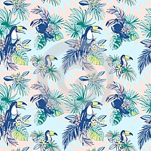 Seamless pattern ink Hand drawn Tropical palm leaves, flowers, birds.