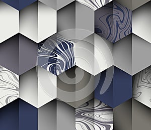 Seamless pattern, ink marbling lines texture in hexagon shapes with shadow, pastel blue and grey tones