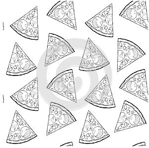 Seamless pattern ink sketch of pizza with sausage, mushrooms, olives on white