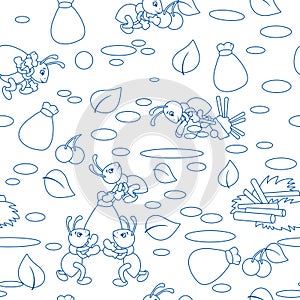 Seamless pattern, insect ants workers prepare food. Blue pen drawing.