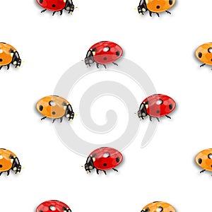 Seamless pattern with insects, chaotic background with bright close-up ladybugs