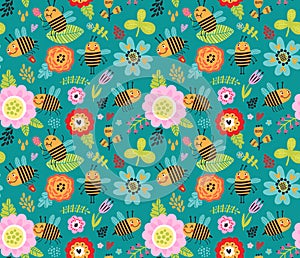 Seamless pattern with insects and flowers.
