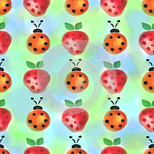 Seamless pattern with insects and fruits. Watercolor background with hand drawn lady bugs and strawberries.