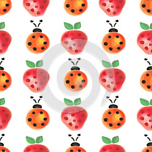 Seamless pattern with insects and fruits. Watercolor background with hand drawn lady bugs and strawberries