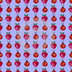 Seamless pattern with insects and fruits. Watercolor background with hand drawn lady bugs and strawberries.