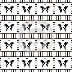 Seamless pattern with insects, symmetrical geometric black and white background with butterflies. Decorative repeating orna