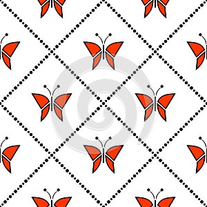 Seamless pattern with insects, symmetrical geometric red background with butterflies. Decorative repeating ornament