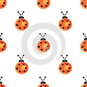 Seamless pattern with insects. Watercolor background with hand drawn ladybugs.