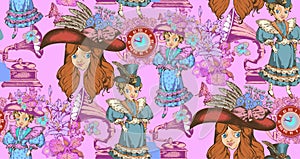 Seamless pattern inspired by the 1890s. Cute girl and objects in the spirit of the era