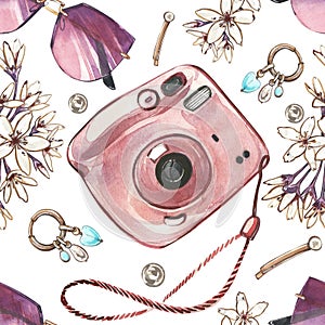 Seamless pattern instant photo camera, flowers, sunglasses, hairpin isolated on white. Watercolor handrawn illustration