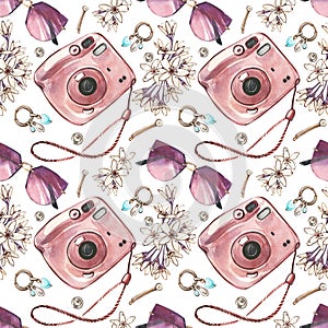 Seamless pattern instant photo camera, flowers, sunglasses, hairpin isolated on white. Watercolor handrawn illustration