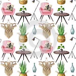 Seamless pattern with interior objects in hygge style. Scandinavian interior boho style.