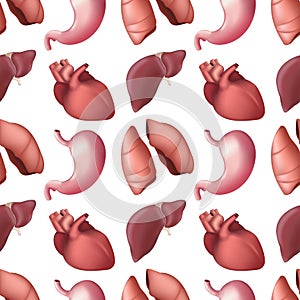 Seamless pattern of internal human organs. Vector illustration of liver, lungs, heart and stomach isolated on white background.
