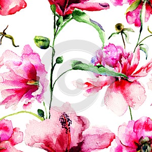 Seamless pattern with Ipomea and Peony flowers illustration