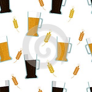 Seamless pattern: isolated dark and light Beer on a white background. Flat vector