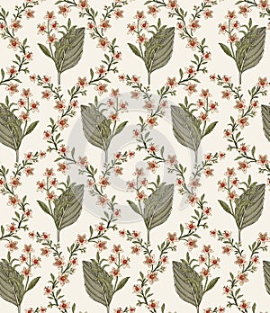 Seamless pattern isolated flowers Vintage background Wallpaper Drawing engraving. Vector illustration