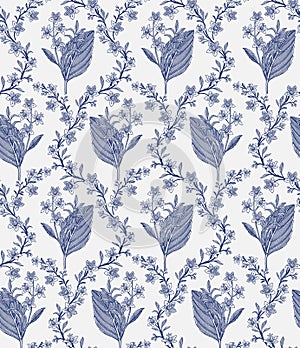 Seamless pattern isolated flowers Vintage background Wallpaper Drawing engraving. Vector illustration