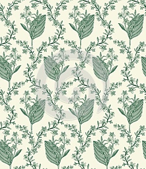 Seamless pattern isolated flowers Vintage background Wallpaper Drawing engraving. Vector illustration