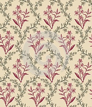 Seamless pattern isolated flowers Vintage background Wallpaper Drawing engraving. Vector illustration