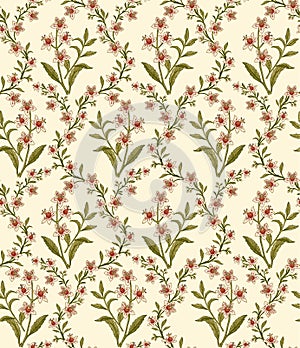 Seamless pattern isolated flowers Vintage background Wallpaper Drawing engraving. Vector illustration