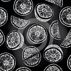 Seamless pattern of isolated hand drawn oranges and slices in sk