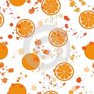 Seamless pattern: isolated oranges, orange slices and orange blots on a white background. Flat vector. Illustration.