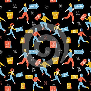 Seamless pattern with isolated people on shopping. Hand drawn graphics. Communication, fitting, shopaholism. Vector flat