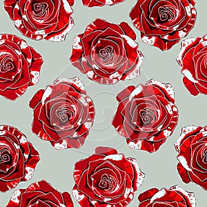 Seamless pattern of isolated red roses on a gray background.