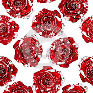 Seamless pattern of isolated red roses on a white background.