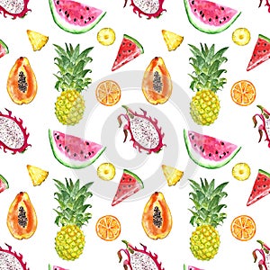 Seamless pattern with isolated watercolor summer exotic fruits - watermelon slice, pineapple, papaya, dragon fruit