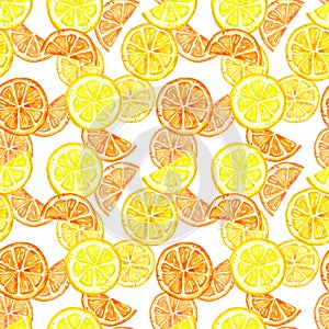 Seamless pattern with isolated watercolor summer lemon fruits . Citrus slice, lemon, orange, isolated on white background.