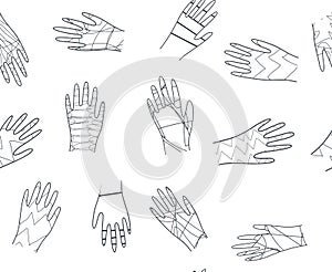 Seamless pattern of isolated white humand hands with illustration background with doodle texture